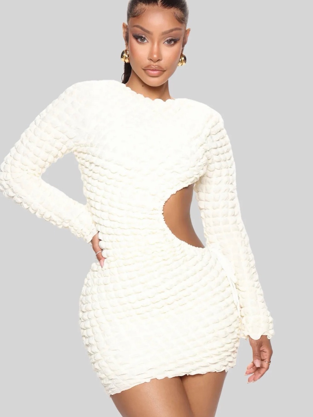 Fashion Nova Cream Textured Cutout Long-Sleeve Mini Dress